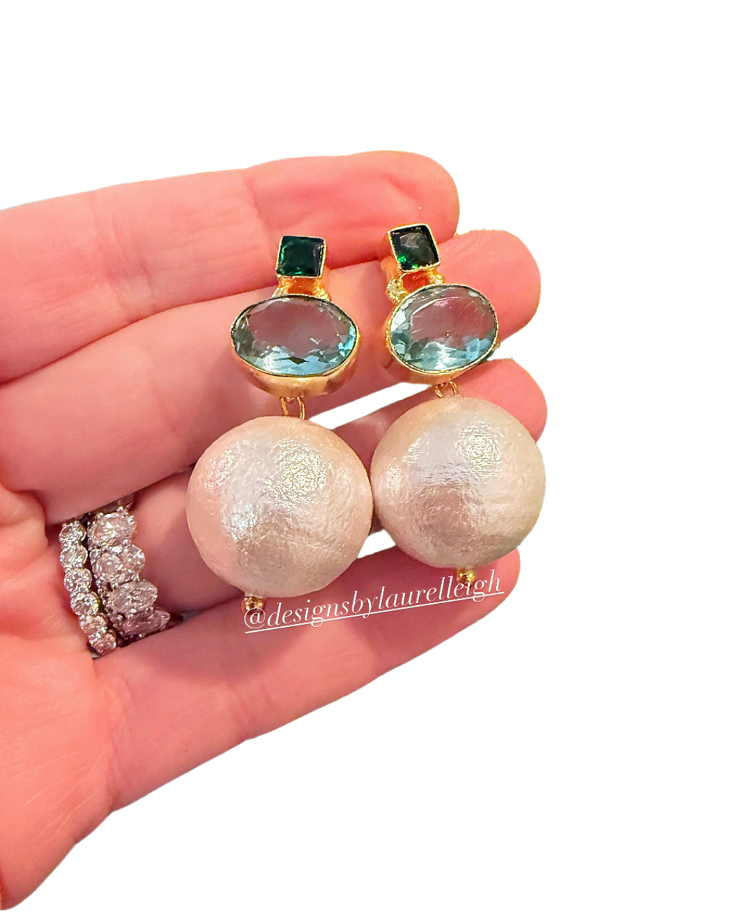 Light Blue & Green Gemstone Pearl Drop Earrings
