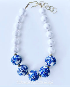 Chinoiserie Peony Pearl Statement Necklace - Chinoiserie jewelry