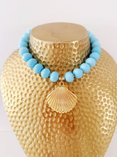 Load image into Gallery viewer, Light Blue Gemstone Shell Pendant Necklace - Chinoiserie jewelry