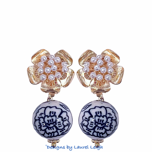 Chinoiserie Peony Pearl Clip-on Earrings - Chinoiserie jewelry