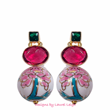 Load image into Gallery viewer, Pink &amp; Green Peony Gemstone Earrings - Chinoiserie jewelry