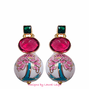 Pink & Green Peony Gemstone Earrings - Chinoiserie jewelry