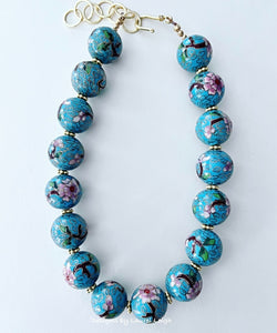 Aqua Blue Floral Chinoiserie Cloisonné Necklace - Chinoiserie jewelry