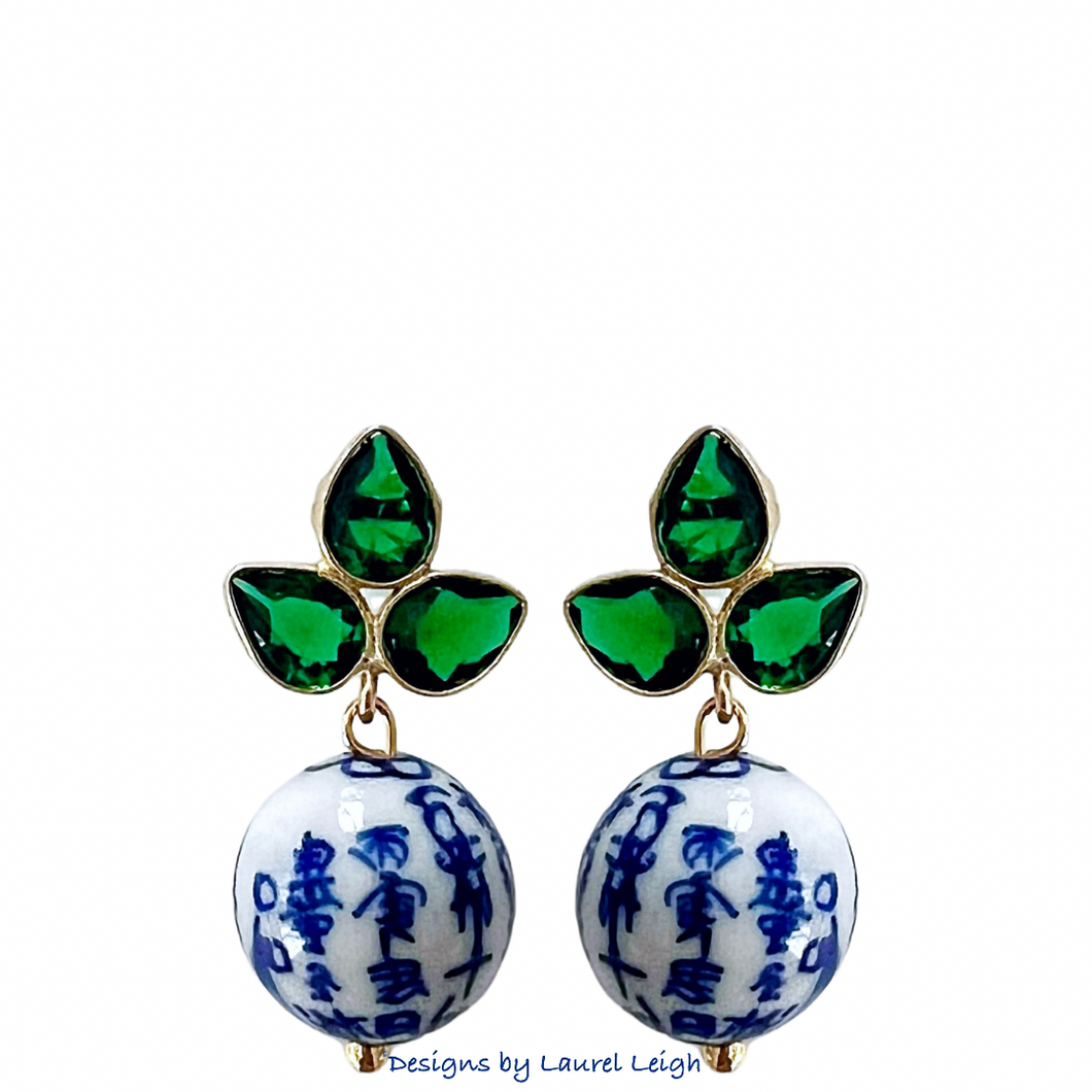 Green Gemstone Chinoiserie Earrings - Chinoiserie jewelry