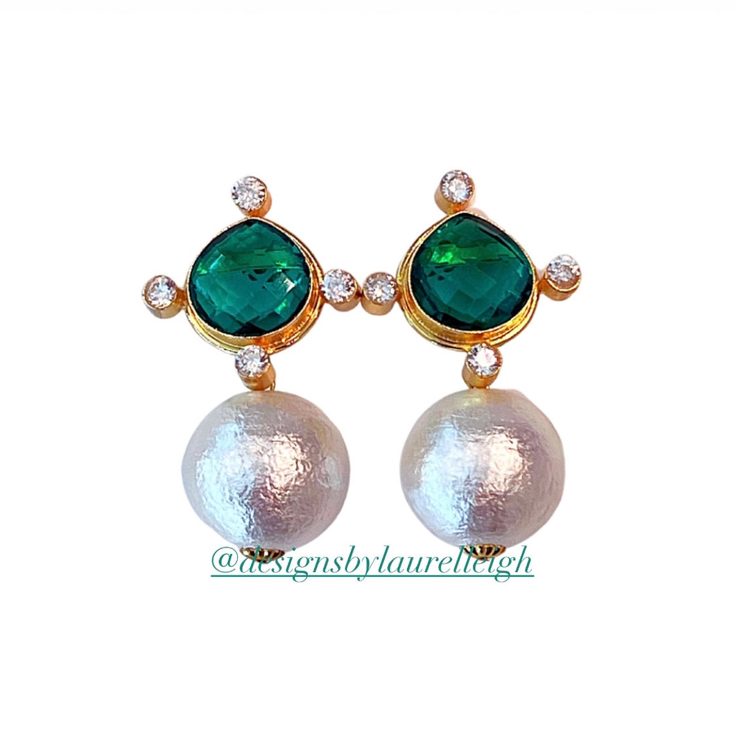 Green Quartz Pearl Drop Earrings - Chinoiserie jewelry