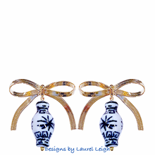 Load image into Gallery viewer, Chinoiserie Ginger Jar Gold Herringbone Chain Bow Earrings