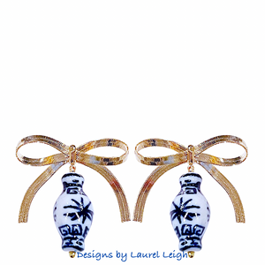 Chinoiserie Ginger Jar Gold Herringbone Chain Bow Earrings