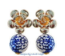 Load image into Gallery viewer, Chinoiserie Peony Gold Floral Earrings - Chinoiserie jewelry