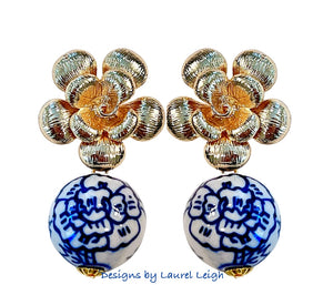 Chinoiserie Peony Gold Floral Earrings - Chinoiserie jewelry