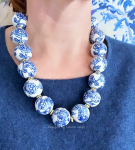 Blue & White Chinoiserie Peony Statement Necklace - Chinoiserie jewelry