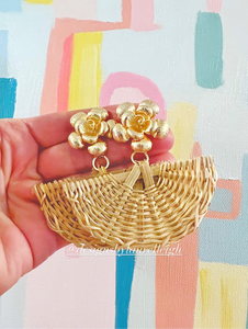 Gold Floral Rattan Fan Earrings