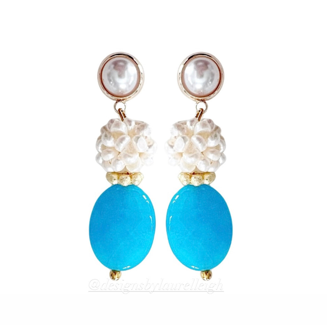 Aqua Gemstone Pearl Cluster Earrings - Chinoiserie jewelry