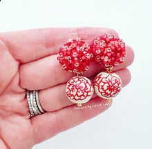 Load image into Gallery viewer, Chinoiserie Red Hydrangea Blossom Peony Earrings