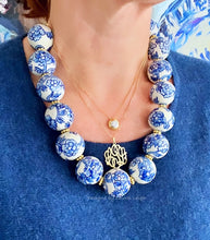 Load image into Gallery viewer, Blue &amp; White Chinoiserie Peony Statement Necklace - Chinoiserie jewelry