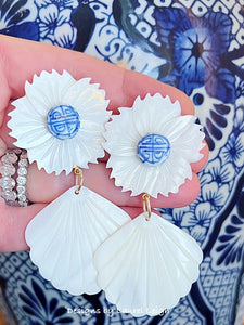 Chinoiserie Floral Pearl Shell Drop Earrings - Chinoiserie jewelry