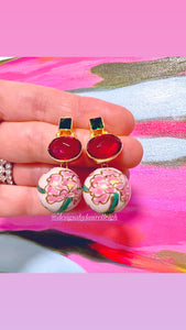 Pink & Green Peony Gemstone Earrings - Chinoiserie jewelry