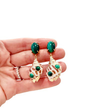 Load image into Gallery viewer, Green Malachite Gemstone Seashell Earrings