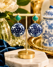 Load image into Gallery viewer, Green Gemstone Chinoiserie Coin Earrings