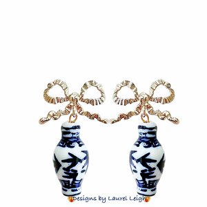 Dark Blue Ginger Jar Ruffled Bow Earrings - Chinoiserie jewelry