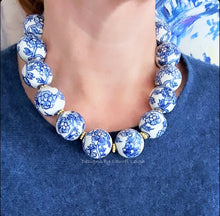 Load image into Gallery viewer, Blue &amp; White Chinoiserie Peony Statement Necklace - Chinoiserie jewelry