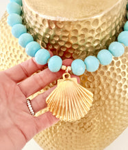 Load image into Gallery viewer, Light Blue Gemstone Shell Pendant Necklace - Chinoiserie jewelry