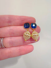 Load image into Gallery viewer, Dainty Gold Filigree &amp; Blue Gemstone Earrings