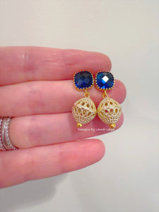 Dainty Gold Filigree & Blue Gemstone Earrings