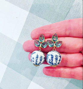 Light Blue Gemstone Chinoiserie Earrings - Chinoiserie jewelry