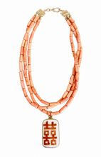Load image into Gallery viewer, Coral Triple Strand Chinoiserie Pendant Necklace