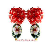 Load image into Gallery viewer, Red Hydrangea &amp; Black Floral Cloisonné Earrings