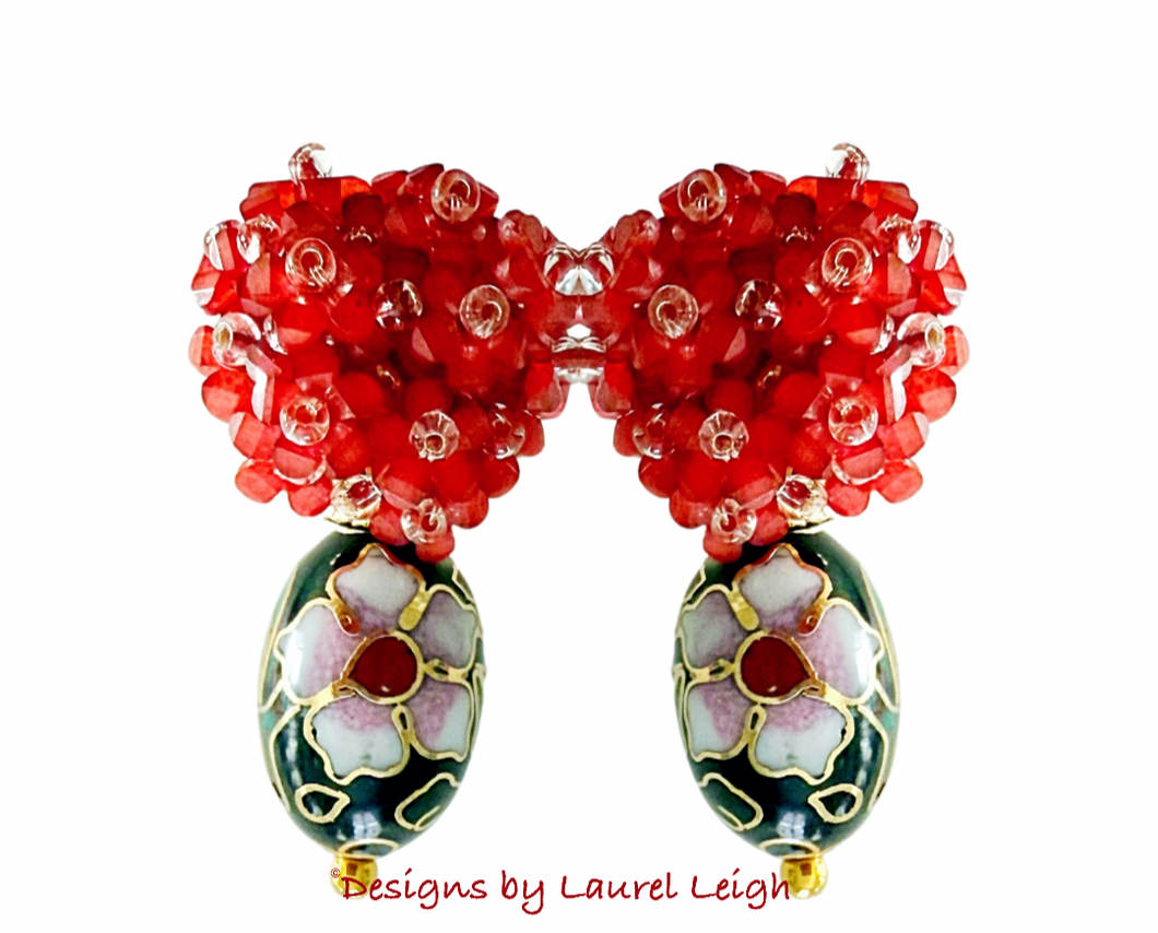 Red Hydrangea & Black Floral Cloisonné Earrings