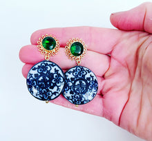Load image into Gallery viewer, Green Gemstone Chinoiserie Coin Earrings - Chinoiserie jewelry