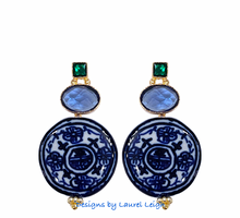Load image into Gallery viewer, Green &amp; Blue Gemstone Chinoiserie Coin Earrings