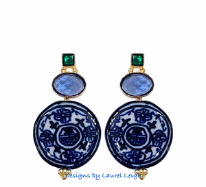 Green & Blue Gemstone Chinoiserie Coin Earrings