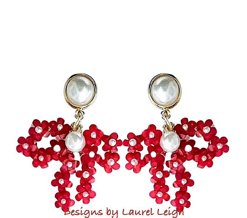 Red Hydrangea Bow Pearl Earrings