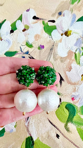 Green Hydrangea Blossom Pearl Drop Earrings