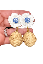 Load image into Gallery viewer, Pearl Floral Chinoiserie Rattan Drop Earrings