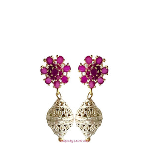 Pink Gemstone Gold Filigree Drop Earrings