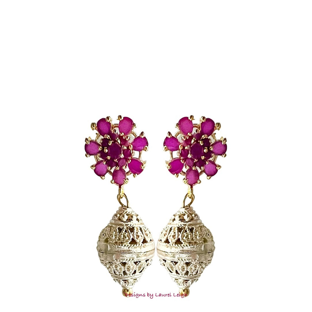 Pink Gemstone Gold Filigree Drop Earrings