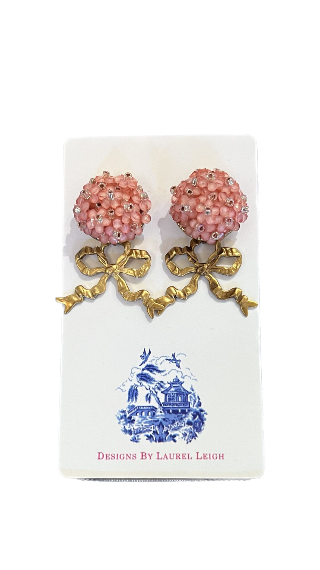 Pink Hydrangea Bow Drop Earrings - Chinoiserie jewelry