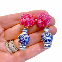 Load image into Gallery viewer, Chinoiserie Pink Hydrangea Blossom Earrings