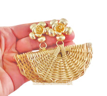 Load image into Gallery viewer, Gold Floral Rattan Fan Earrings