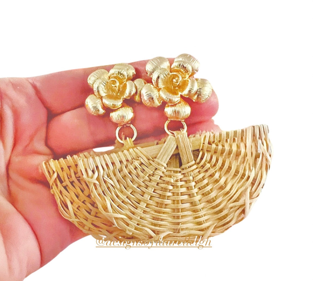 Gold Floral Rattan Fan Earrings