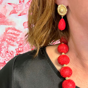 Red Cinnabar Sunflower Drop Earrings - Chinoiserie jewelry