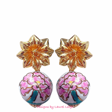 Load image into Gallery viewer, Pink &amp; Green Peony Drop Earrings - Chinoiserie jewelry