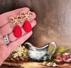 Red & Gold Bow Cinnabar Teardrop Earrings - Chinoiserie jewelry