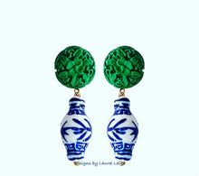 Load image into Gallery viewer, Chinoiserie Green Cinnabar Drop Earrings - Chinoiserie jewelry