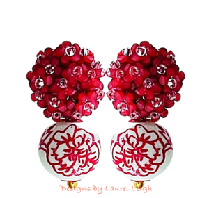 Chinoiserie Red Hydrangea Blossom Peony Earrings