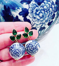 Load image into Gallery viewer, Green Quartz &amp; Chinoiserie Peony Earrings - Chinoiserie jewelry