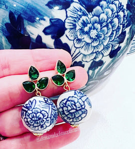 Green Quartz & Chinoiserie Peony Earrings - Chinoiserie jewelry
